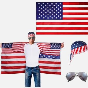 American Flag Costume Set Patriotic Cape with Sleeves Flag, Hat, Sunglasses NWT